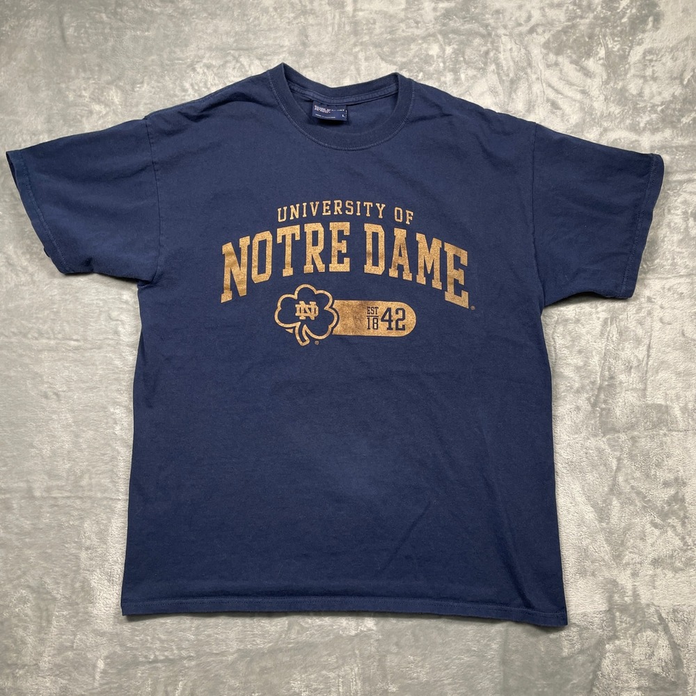 MV Sport Notre Dame T-Shirt Mens Navy Blue Gold Graphic Short Sleeve Cotton L